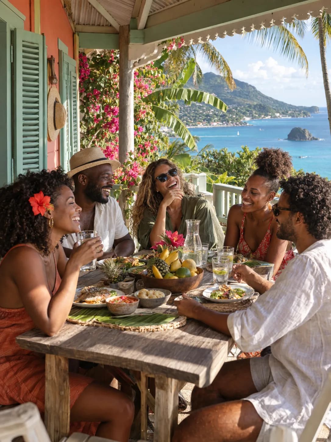 Des amis partagent un repas sur une véranda créole aux Antilles, face à la mer turquoise et aux palmiers.