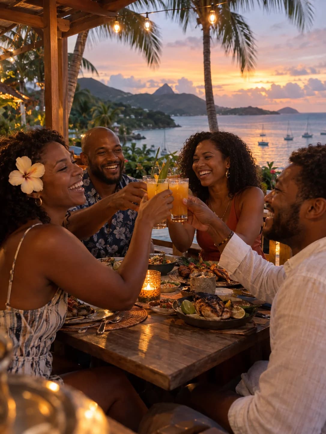 Quatre amis trinquent sur une terrasse antillaise éclairée de guirlandes, face à la mer au coucher du soleil.